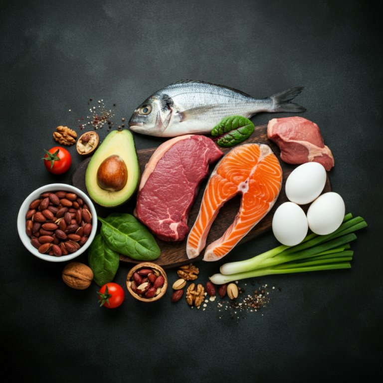 This picture shows colorful low-carb foods, like avocados, fish, eggs, meats, nuts, and vegetables, all clearly lit to show their freshness.