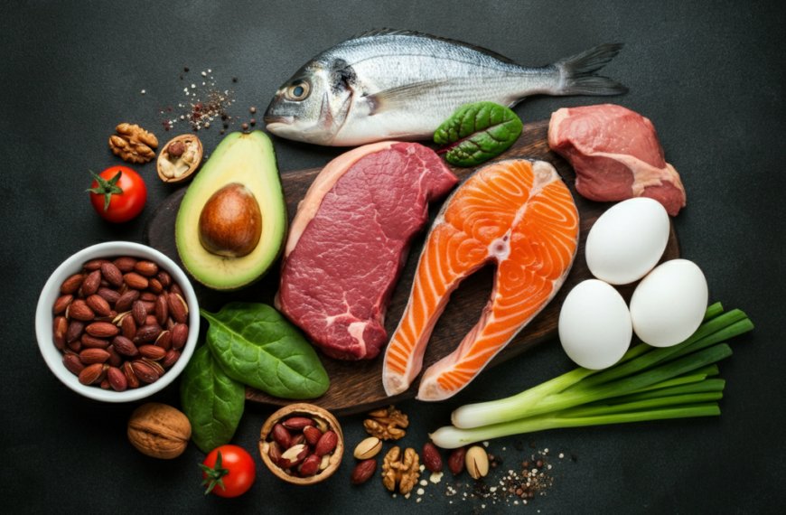 This picture shows colorful low-carb foods, like avocados, fish, eggs, meats, nuts, and vegetables, all clearly lit to show their freshness.