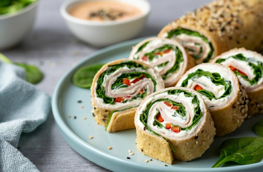 Turkey roll ups and cream cheese on a plate