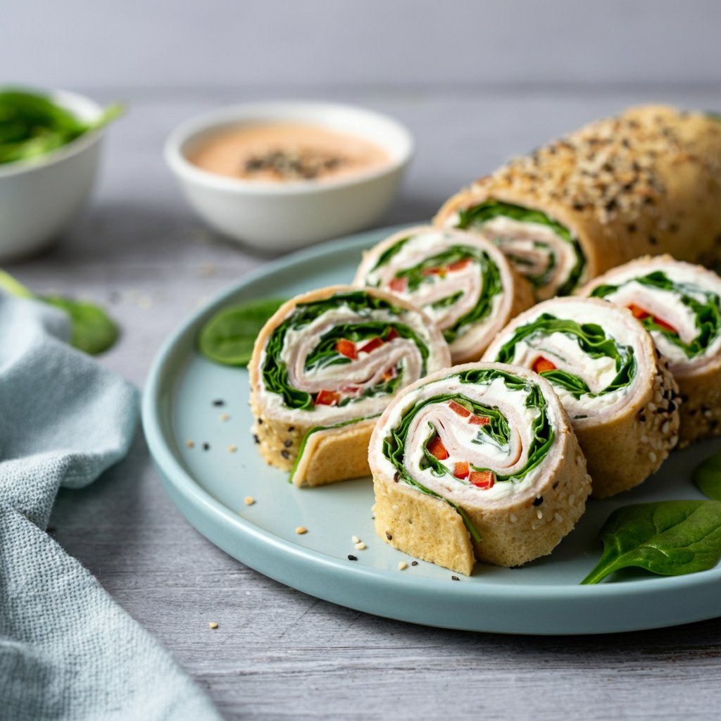 Turkey roll ups and cream cheese on a plate