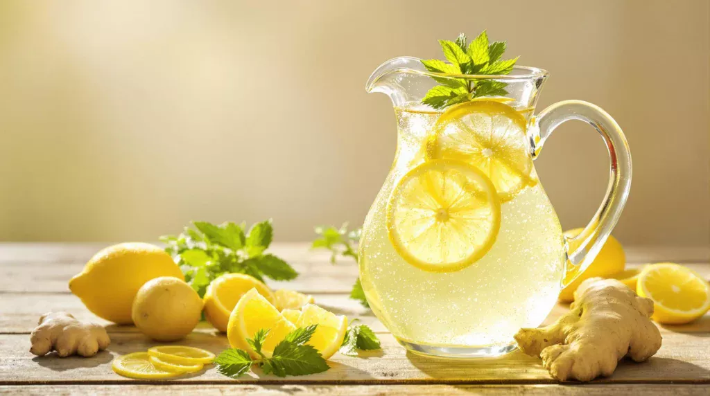 Refreshing weight loss drink in clear glass pitcher, filled with lemon slices, mint leaves, and ice, representing a natural metabolism-boosting beverage