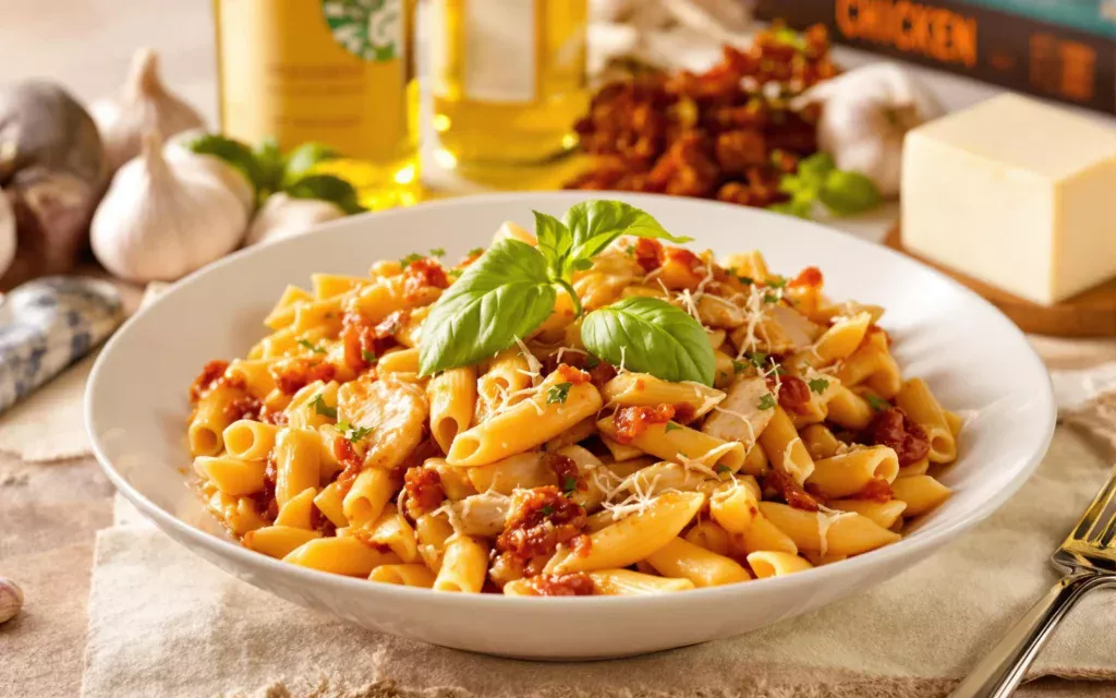 A delicious plate of Marry Me Chicken Pasta, featuring tender penne pasta coated in creamy sun-dried tomato sauce, topped with sliced chicken breast and fresh basil.