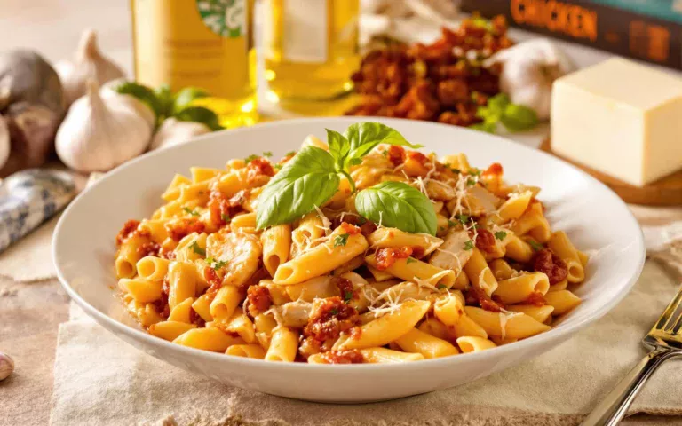 A delicious plate of Marry Me Chicken Pasta, featuring tender penne pasta coated in creamy sun-dried tomato sauce, topped with sliced chicken breast and fresh basil.