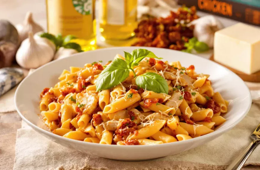 A delicious plate of Marry Me Chicken Pasta, featuring tender penne pasta coated in creamy sun-dried tomato sauce, topped with sliced chicken breast and fresh basil.