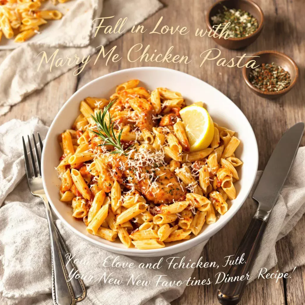 A beautifully plated dish of Marry Me Chicken Pasta, showcasing creamy penne pasta drenched in a tangy sun-dried tomato sauce, topped with slices of grilled chicken and garnished with fresh basil leaves.